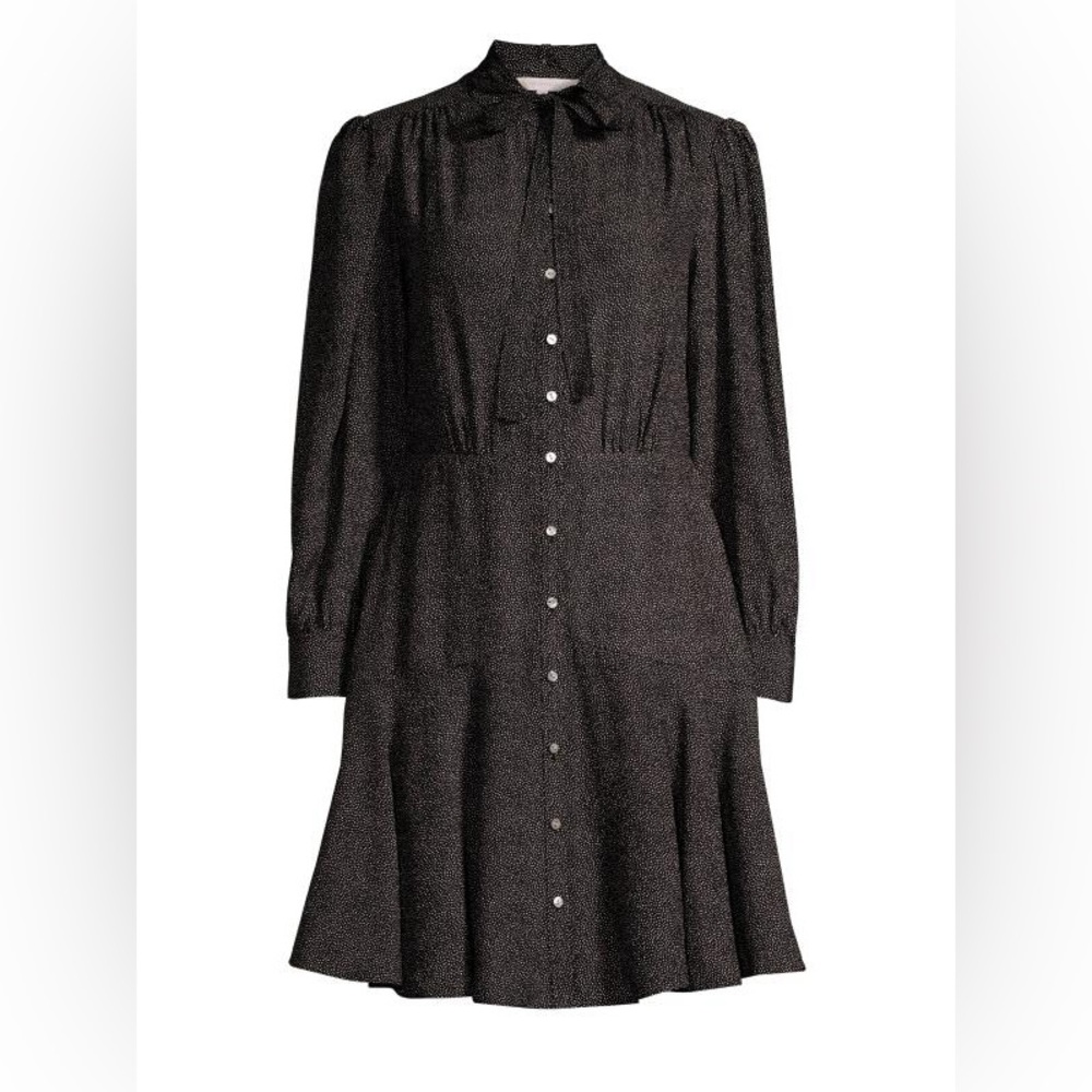 REBECCA TAYLOR Tie-Neck Button-Front Long-Sleeve Sprinkle-Dot Silk Dress - Picture 5 of 10